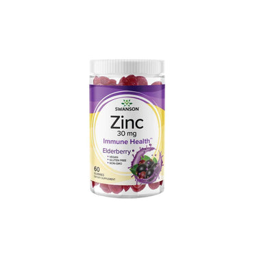 A bottle of Swanson Zinc 30 mg 60 Gummies - Elderberry for daily wellness and immune health on a white background.